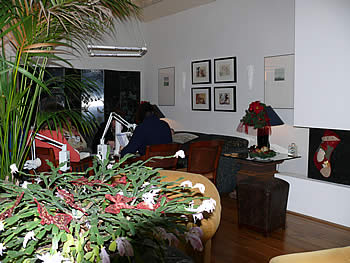 de behandelkamer met violet licht en frequentiepaal